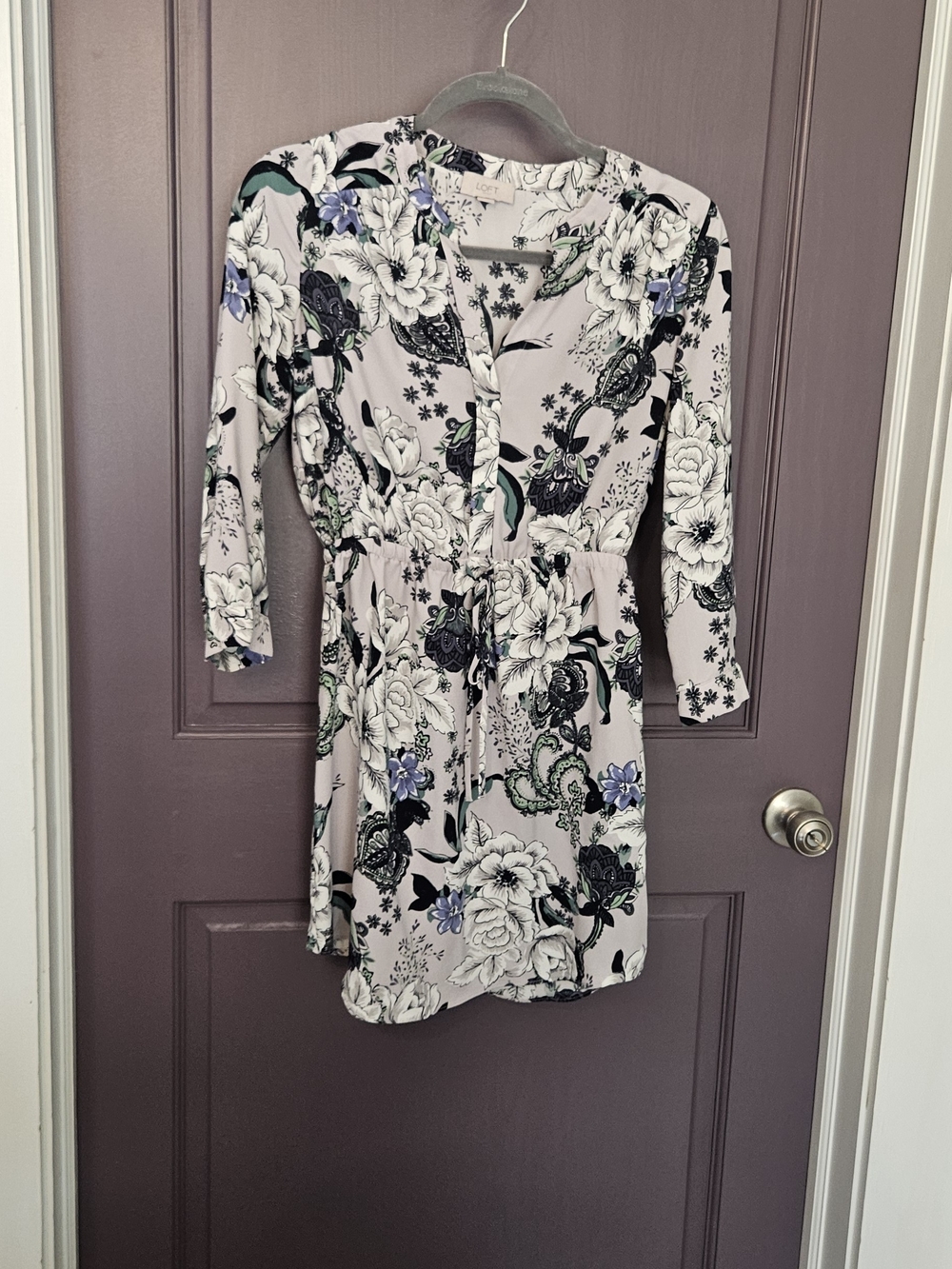 LOFT Floral Tie-Waist Long Sleeve Dress - Light Pink, Black, Green, Blue
